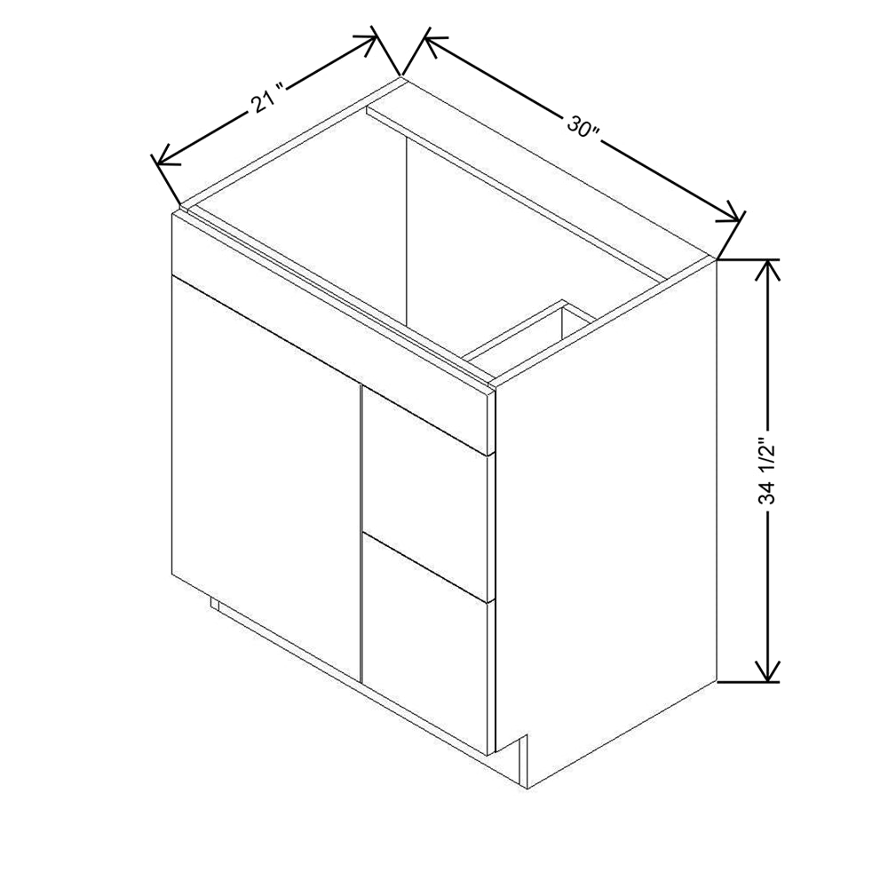 CNC Classic Highland White 30" W Single Door 2 Drawers Right Vanity Sink Base Cabinet