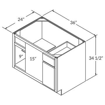 LessCare Danbury Blue Blind Corner Base 36"D Shaker Cabinet Wireframe
