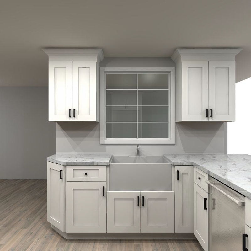 Fabuwood Allure Galaxy Frost 93 by 84 by 73 by 71 in. U Shaped Kitchen and 30 in. Farmhouse Sink