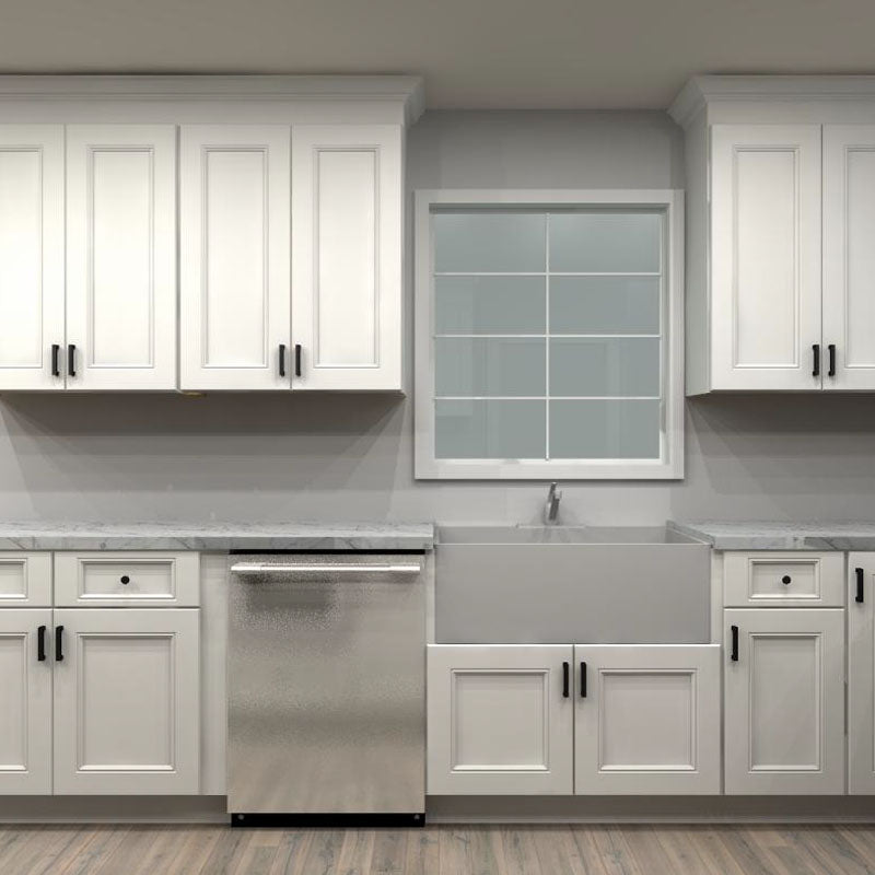 Fabuwood Allure Nexus Frost 150 by 78 by 123 in. Galley Kitchen with Island and 36 in. Farmhouse Sink