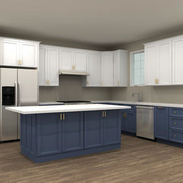 KCD Premier Brooklyn Midnight and Bright White 148 by 150 in. L Shaped Kitchen with Island and 33 in. Double Sink