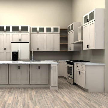 KCD Premier Shaker Sand 152 by 129 by 72 in. L Shaped Kitchen with Island and 36 in. Double Sink