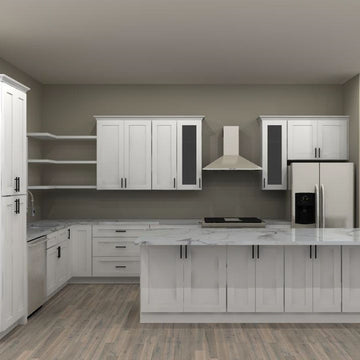 LessCare Alpina White 123 by 187 in. L Shaped Kitchen with Island and 36 in. Double Sink