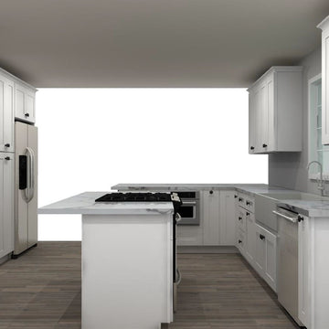 LessCare Alpina White 144 by 87 by 61 in. U Shaped Kitchen with Island and 36 in. Farmhouse Sink
