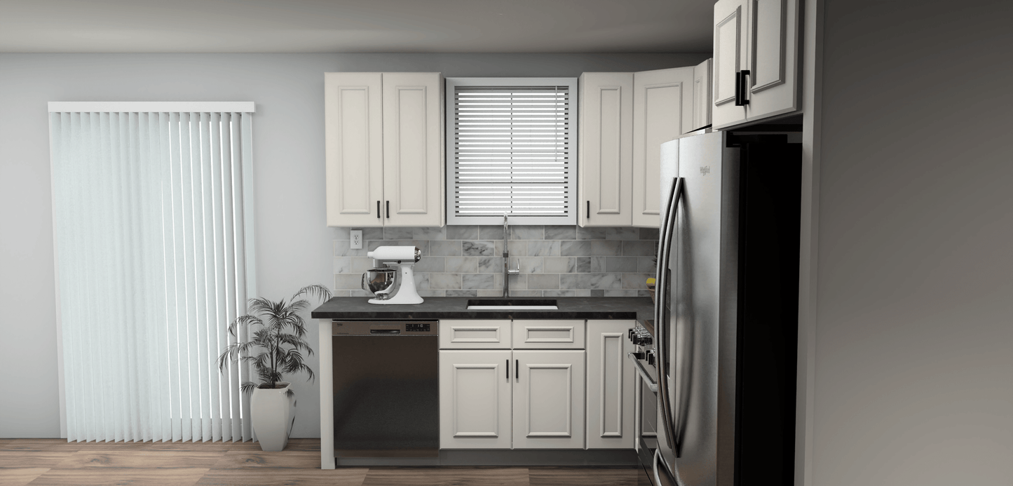 Fabuwood Allure Imperio Dove 8 x 11 L Shaped Kitchen Side Layout Photo