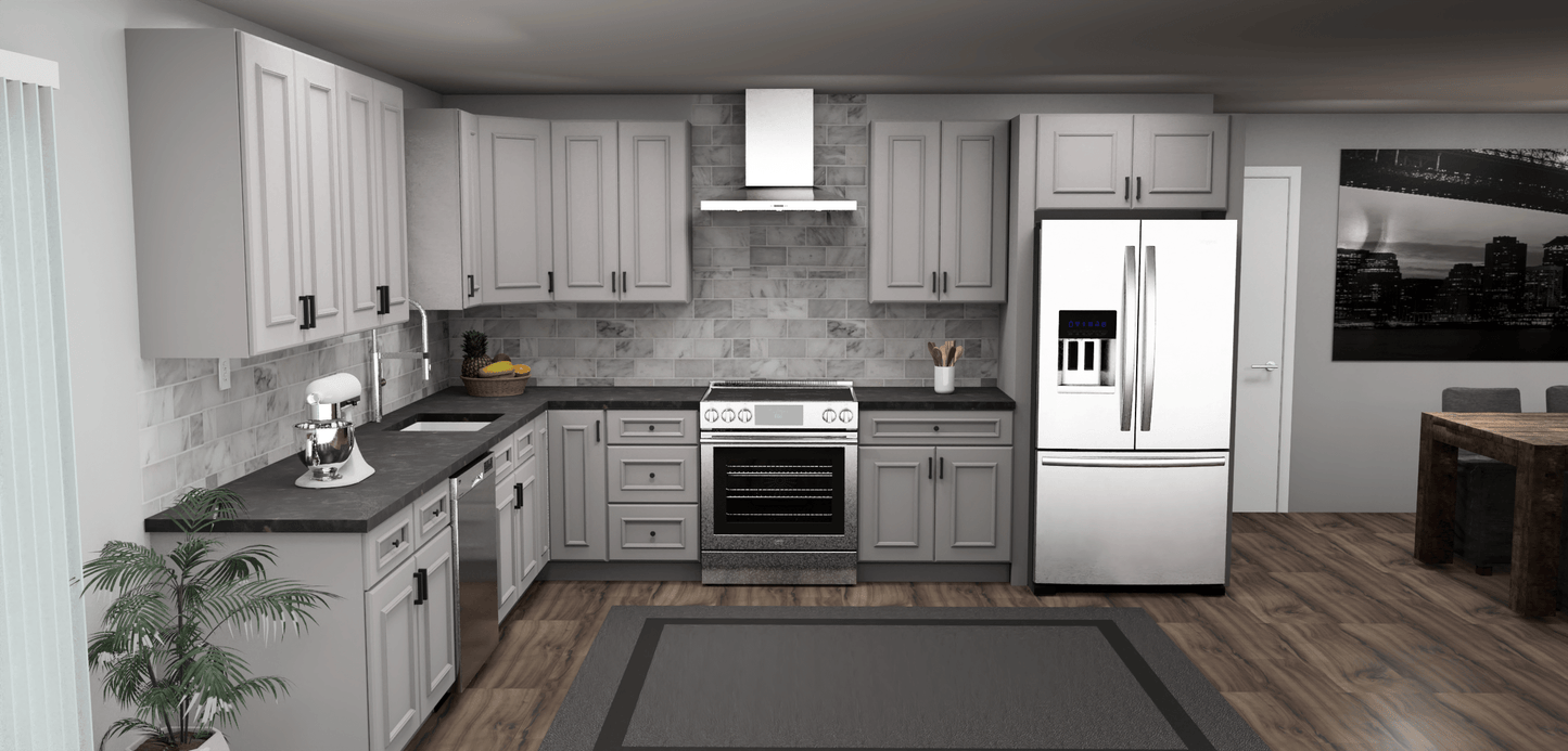 Fabuwood Allure Imperio Nickel 11 x 13 L Shaped Kitchen Front Layout Photo