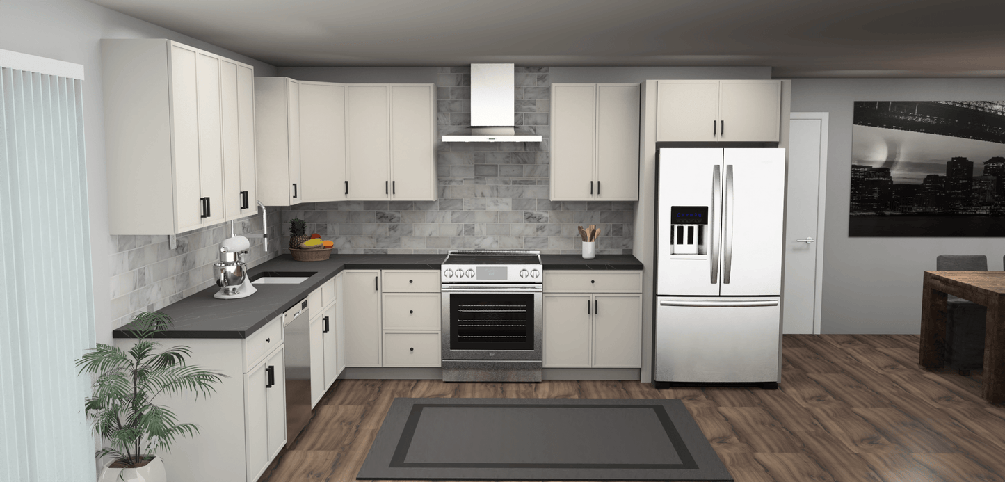Fabuwood Allure Luna Dove 10 x 13 L Shaped Kitchen Front Layout Photo