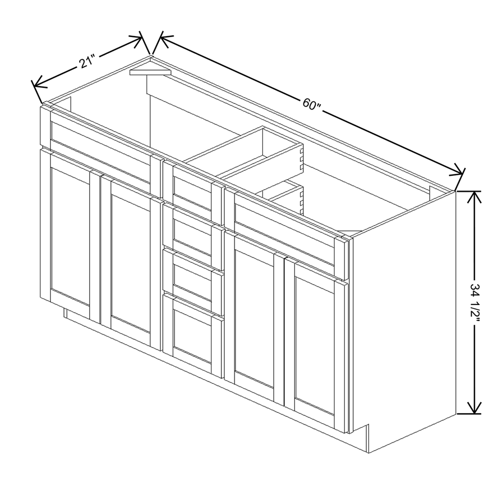 Wolf Classic York Grey Stain 60"W Combo Vanity Sink Base-4 Drawer