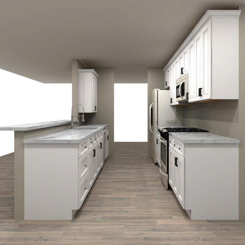 Fabuwood Allure Fusion Blanc 150 by 150 in. Galley Kitchen with Island and 36 in. Double Sink