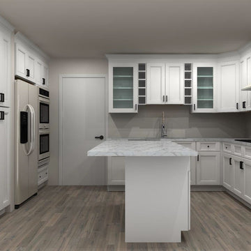 Fabuwood Allure Fusion Blanc 52 by 69 by 102 by 129 in. U Shaped Kitchen with Island and 39 in. Double Sink