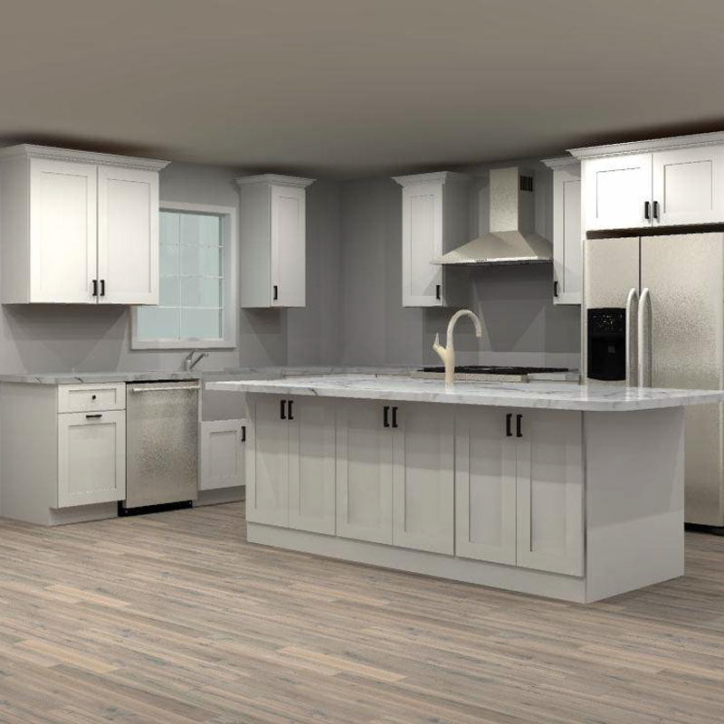 Fabuwood Allure Galaxy Frost 130 by 166 by 45 in. L Shaped Kitchen with Island and 33 in. Farmhouse Sink