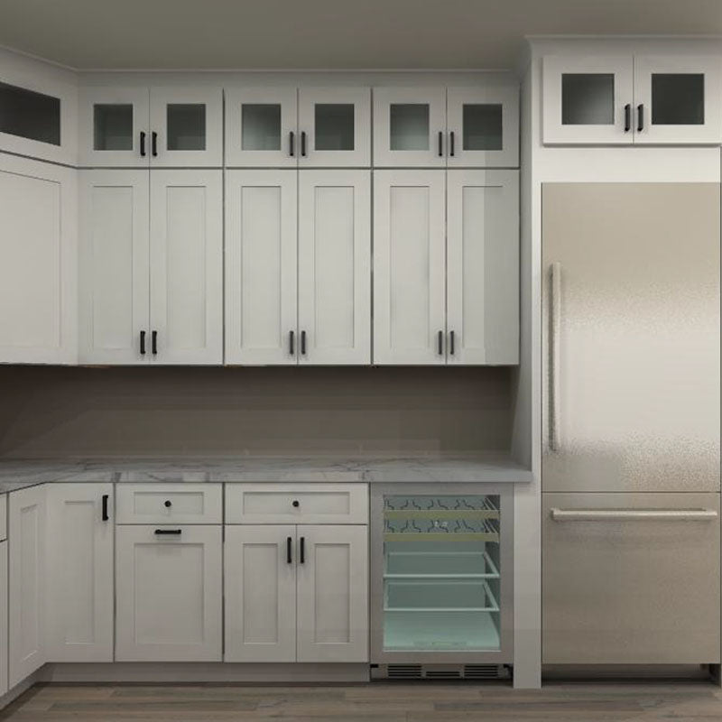 Fabuwood Allure Galaxy Frost 138 by 168 by 105 in. L Shaped Kitchen with Island and 36 in. Farmhouse Sink