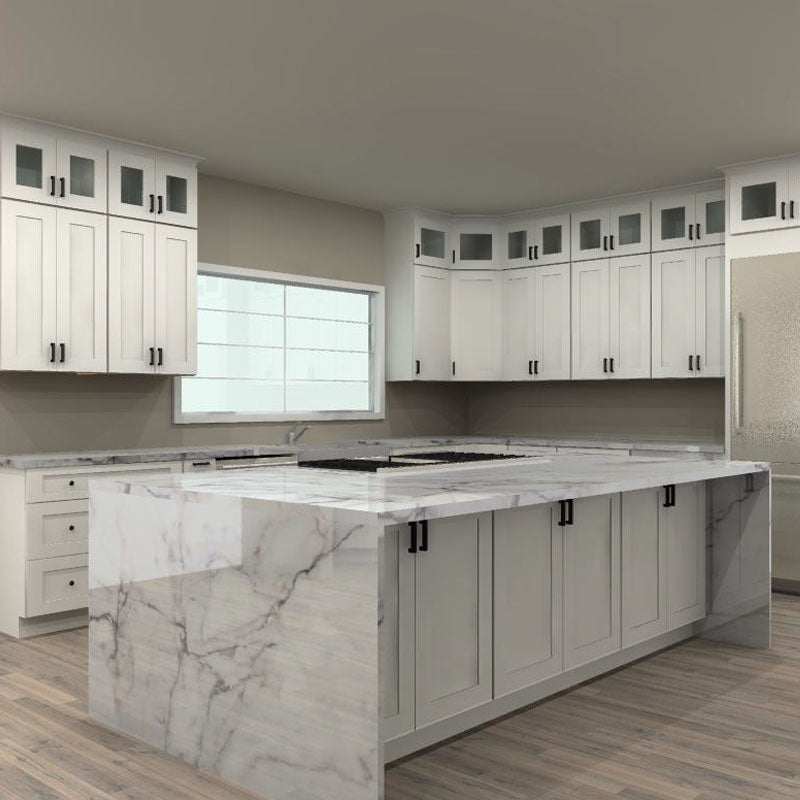 Fabuwood Allure Galaxy Frost 138 by 168 by 105 in. L Shaped Kitchen with Island and 36 in. Farmhouse Sink