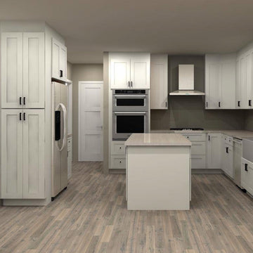 Fabuwood Allure Galaxy Frost 142 by 117 by 66 in. Galley Kitchen with Island and 33 in. Farmhouse Sink