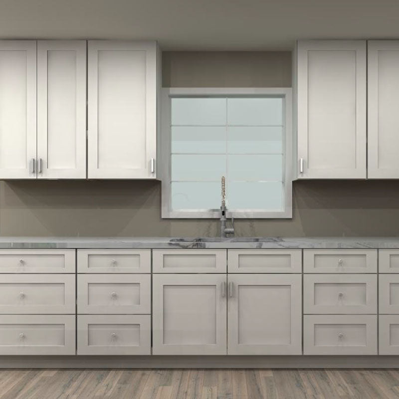 Fabuwood Allure Galaxy Frost 159 by 144 by 48 by 60 in. L Shaped Kitchen with Island and 42 in. Double Sink