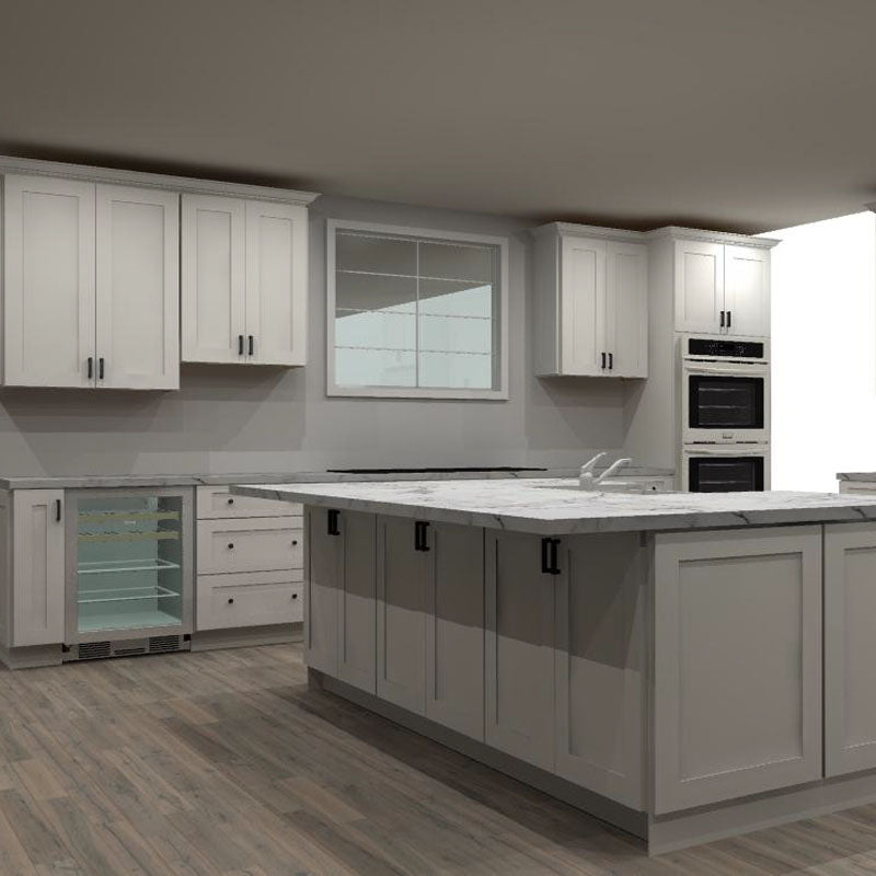 Fabuwood Allure Galaxy Frost 188 by 107 in. L Shaped Kitchen with Island and 36 in. Farmhouse Sink