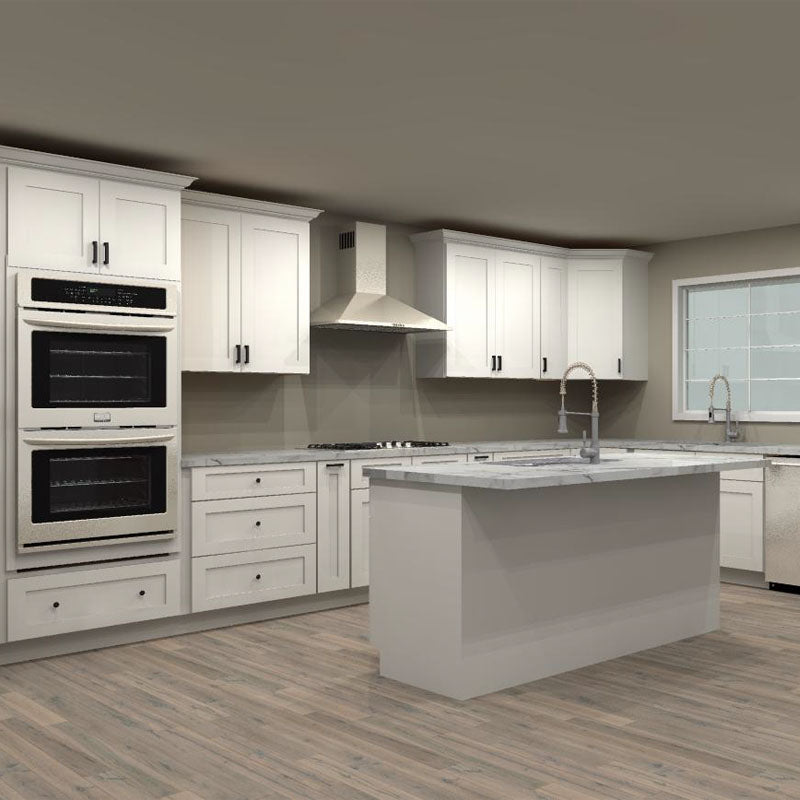 Fabuwood Allure Galaxy Frost 188 by 155 in. L Shaped Kitchen with Island and 42 in. Double Sink
