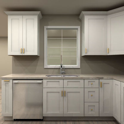 Fabuwood Allure Galaxy Frost and Cobblestone 114 by 93 by 93 in. Galley Kitchen with 2 Islands and 33 in. Double Sink