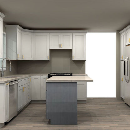 Fabuwood Allure Galaxy Frost and Cobblestone 114 by 93 by 93 in. Galley Kitchen with 2 Islands and 33 in. Double Sink