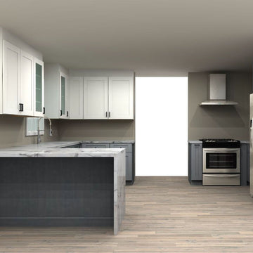 Fabuwood Allure Galaxy Frost and Cobblestone 67 by 135 by 66 by 69 by 127 in. Peninsula Kitchen and 27 in. Sink