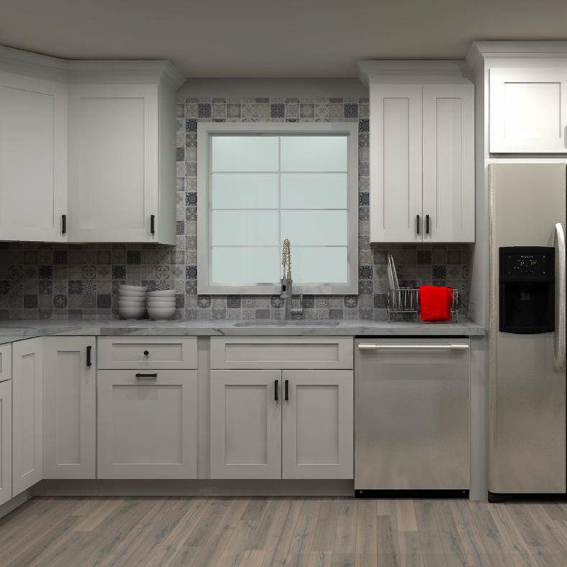 Fabuwood Allure Galaxy Frost and Indigo 111 by 159 by 61 in. L Shaped Kitchen with Island and 30 in. Sink