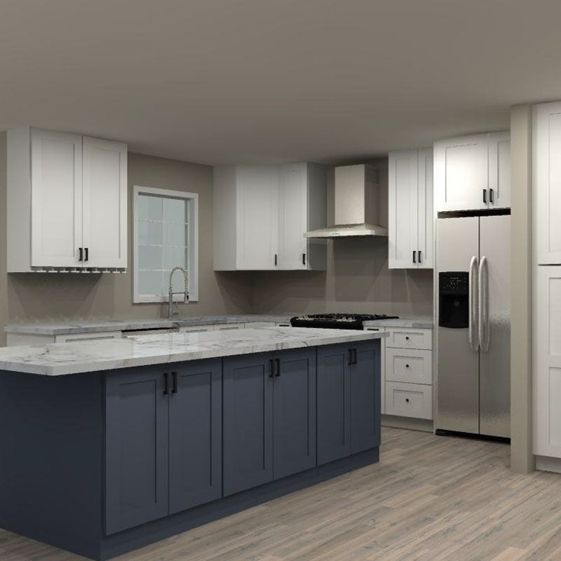 Fabuwood Allure Galaxy Frost and Indigo 114 by 138 by 49 in. L Shaped Kitchen with Island and 33 in. Double Sink