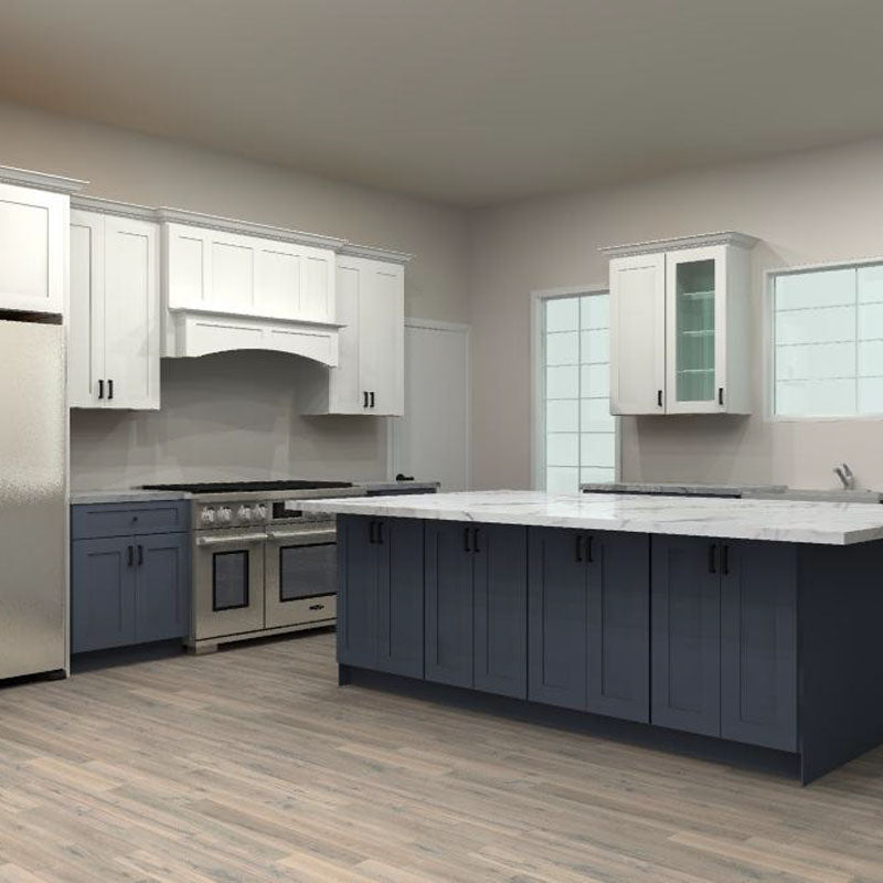 Fabuwood Allure Galaxy Frost and Indigo 126 by 140 in. L Shaped Kitchen with Island and 36 in. Farmhouse Sink