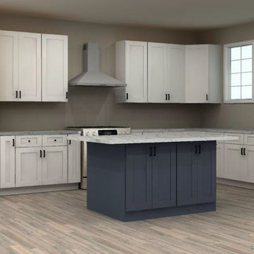 Fabuwood Allure Galaxy Frost and Indigo 159 by 196 by 51 in. L Shaped Kitchen with Island and 36 in. Double Sink