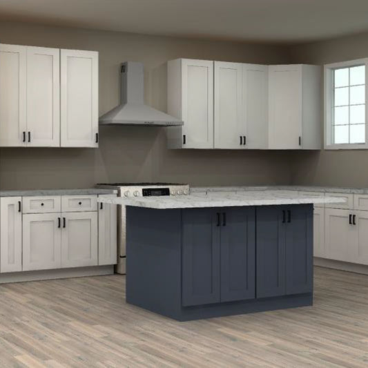 Fabuwood Allure Galaxy Frost and Indigo 159 by 196 by 51 in. L Shaped Kitchen with Island and 36 in. Double Sink