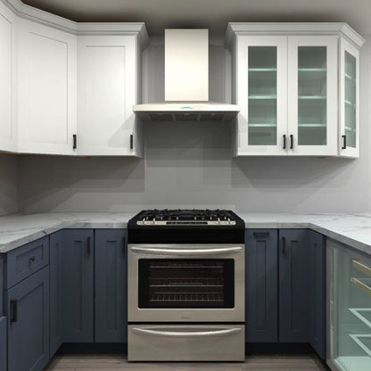 Fabuwood Allure Galaxy Frost and Indigo 36 by 120 by 114 by 60 in. Peninsula Kitchen and 33 in. Farmhouse Sink