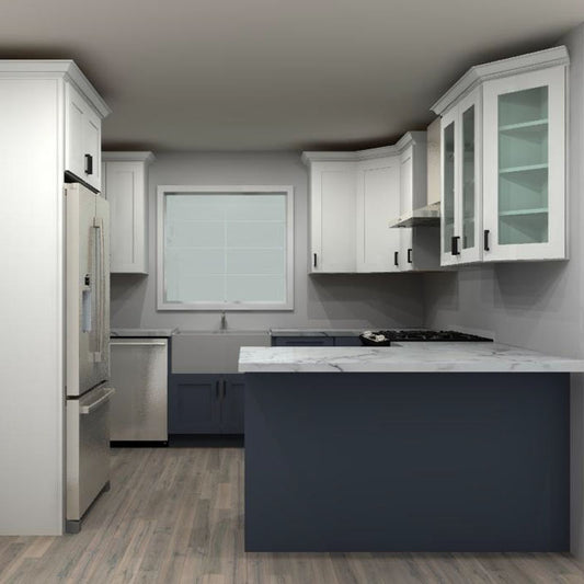 Fabuwood Allure Galaxy Frost and Indigo 36 by 120 by 114 by 60 in. Peninsula Kitchen and 33 in. Farmhouse Sink