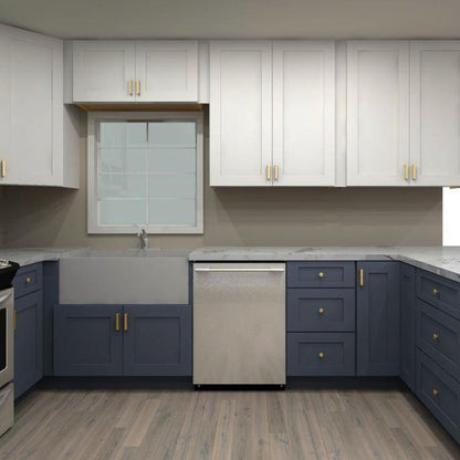 Fabuwood Allure Galaxy Frost and Indigo 96 by 141 by 60 in. U Shaped Kitchen and 36 in. Farmhouse Sink