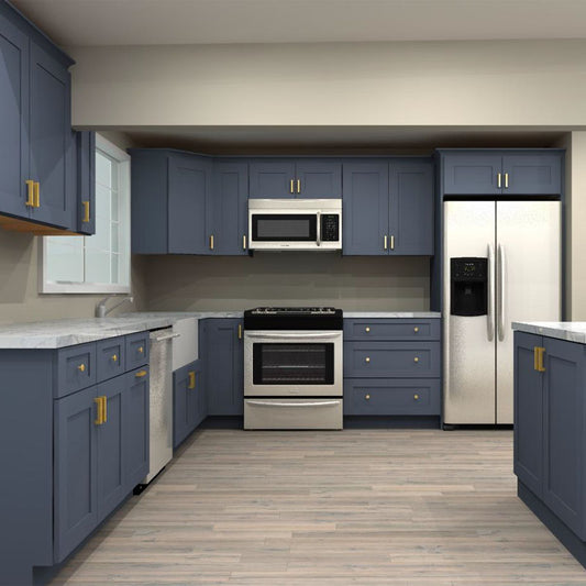 Fabuwood Allure Galaxy Indigo 147 by 134 in. L Shaped Kitchen with Island and 36 in. Farmhouse Sink