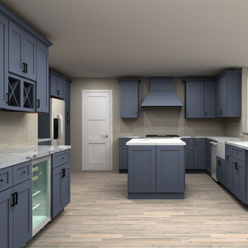 Fabuwood Allure Galaxy Indigo 96 by 108 by 156 by 90 in. Galley Kitchen with Island and 30 in. Farmhouse Sink