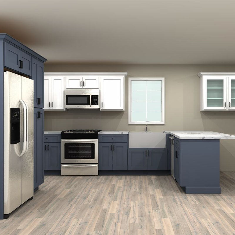 Fabuwood Allure Galaxy Indigo and Quest Discovery Frost 139 by 63 by 84 by 61 in. L Shaped Kitchen and 33 in. Farmhouse Sink