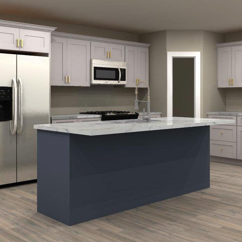 Fabuwood Allure Galaxy Nickel and Indigo 130 by 74 in. L Shaped Kitchen with Island and 36 in. Double Sink