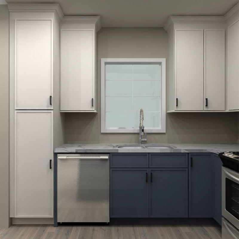 Fabuwood Allure Luna Dove and Indigo 118 by 132 in. L Shaped Kitchen with Island and 36 in. Double Sink