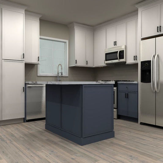 Fabuwood Allure Luna Dove and Indigo 118 by 132 in. L Shaped Kitchen with Island and 36 in. Double Sink