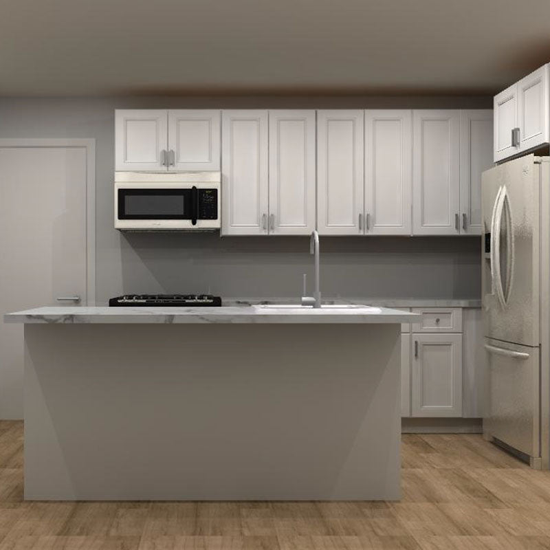 Fabuwood Allure Fusion Blanc 126 by 66 in. L Shaped Kitchen with Island and 30 in. Sink