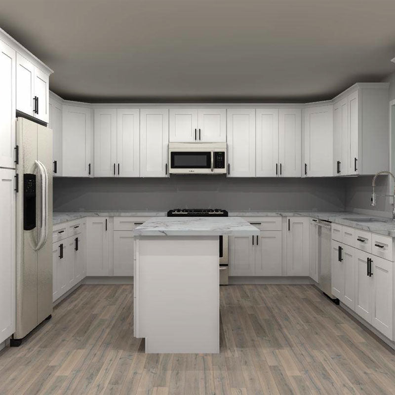 LessCare Alpina White 143 by 160 by 138 in. U Shaped Kitchen with Island and 33 in. Double Sink