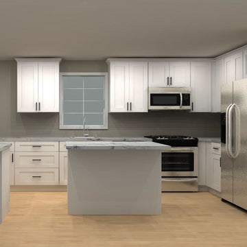 LessCare Alpina White 85 by 183 by 72 by 51 in. Peninsula Kitchen with Island and 36 in. Double Sink
