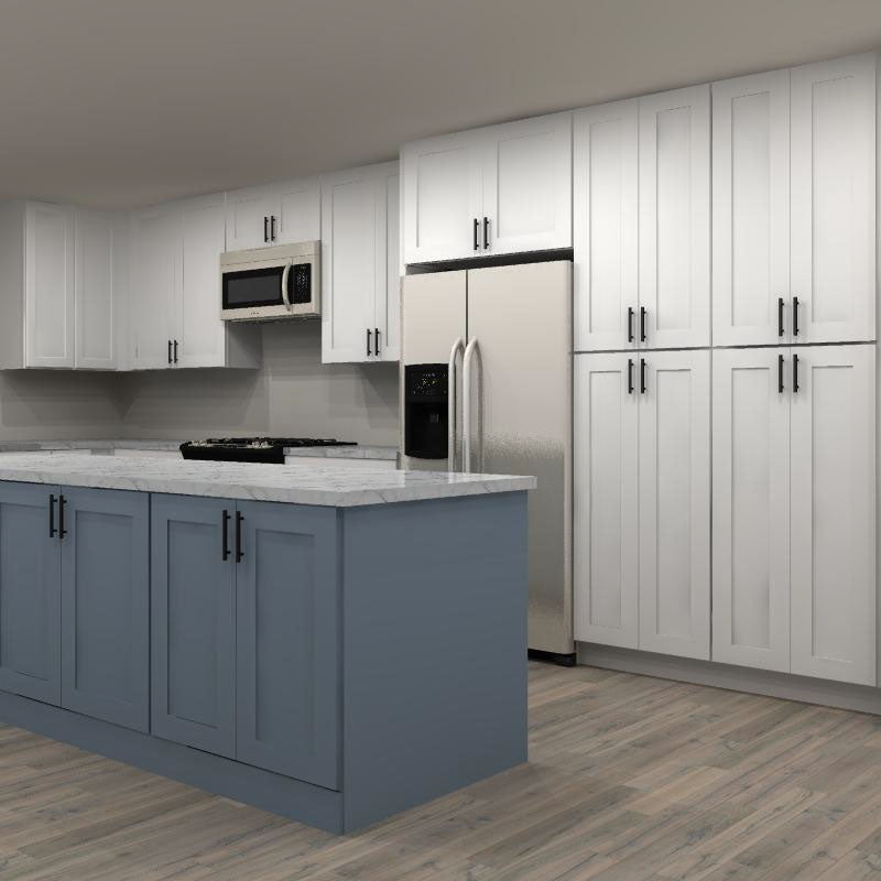 LessCare Alpina White and Colonial Gray 201 by 144 in. L Shaped Kitchen with Island and 42 in. Double Sink