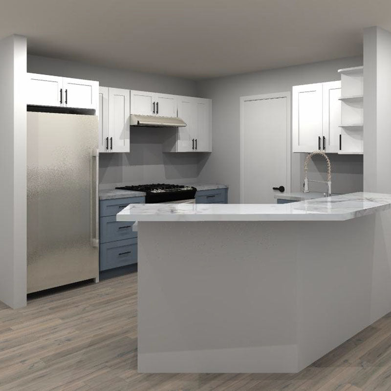 LessCare Colonial Gray and Alpina White 114 by 45 by 74 by 28 in. Peninsula Kitchen and 33 in. Double Sink