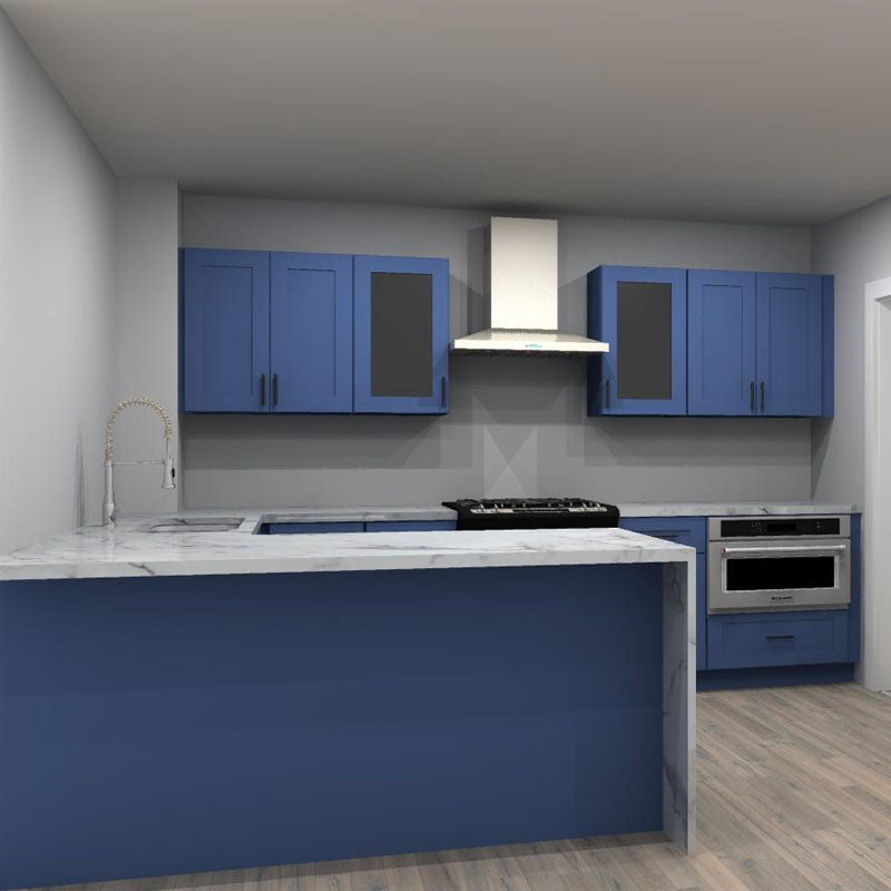 LessCare Danbury Blue 130 by 51 by 52 in. U Shaped Kitchen and 48 in. Double Sink