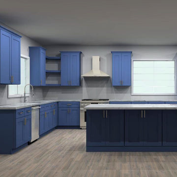LessCare Danbury Blue 133 by 249 by 120 by 50 in. Peninsula Kitchen with Island and 36 in. Double Sink