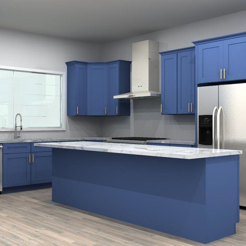 LessCare Danbury Blue 57 by 164 by 193 in. U Shaped Kitchen with Island and 42 in. Double Sink