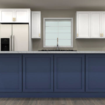 Pioneer The Blue Shaker and The New White Shaker 148 by 96 in. Galley Kitchen with Island and 36 in. Double Sink