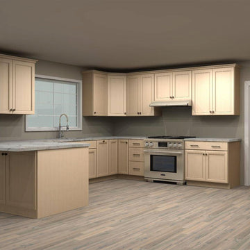 Wolf Broadleaf Maple 76 by 138 by 126 by 93 in. U Shaped Kitchen and 36 in. Double Sink
