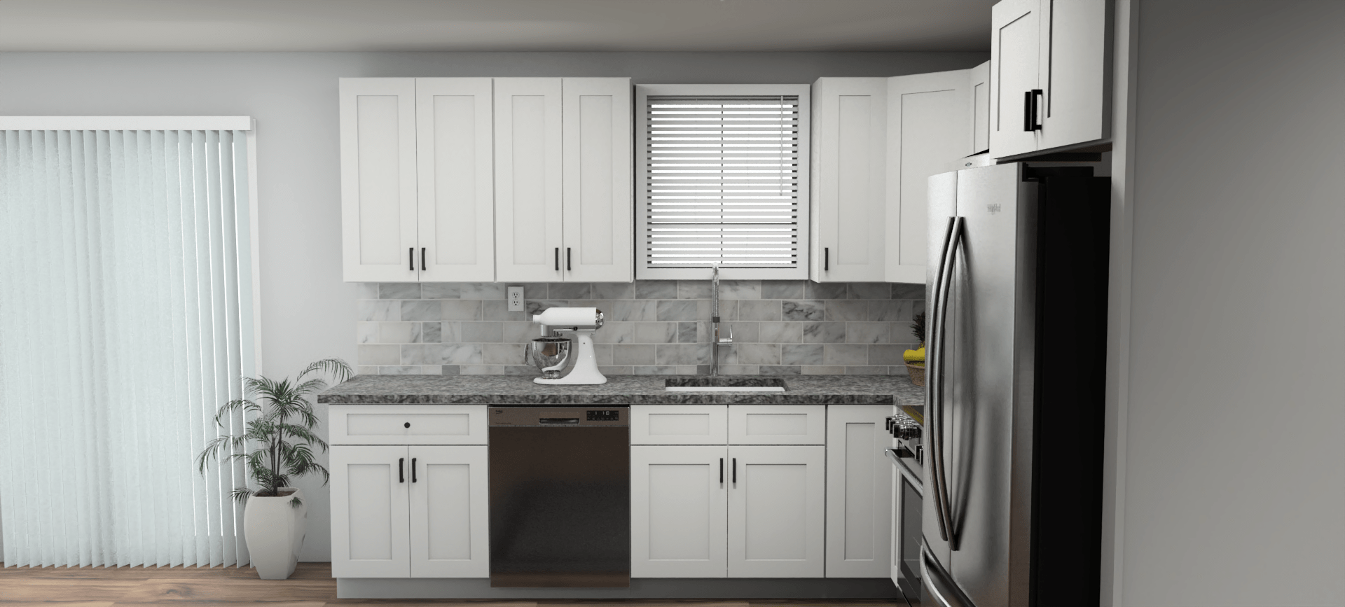 Fabuwood Allure Galaxy Frost 10 x 10 L Shaped Kitchen Side Layout Photo
