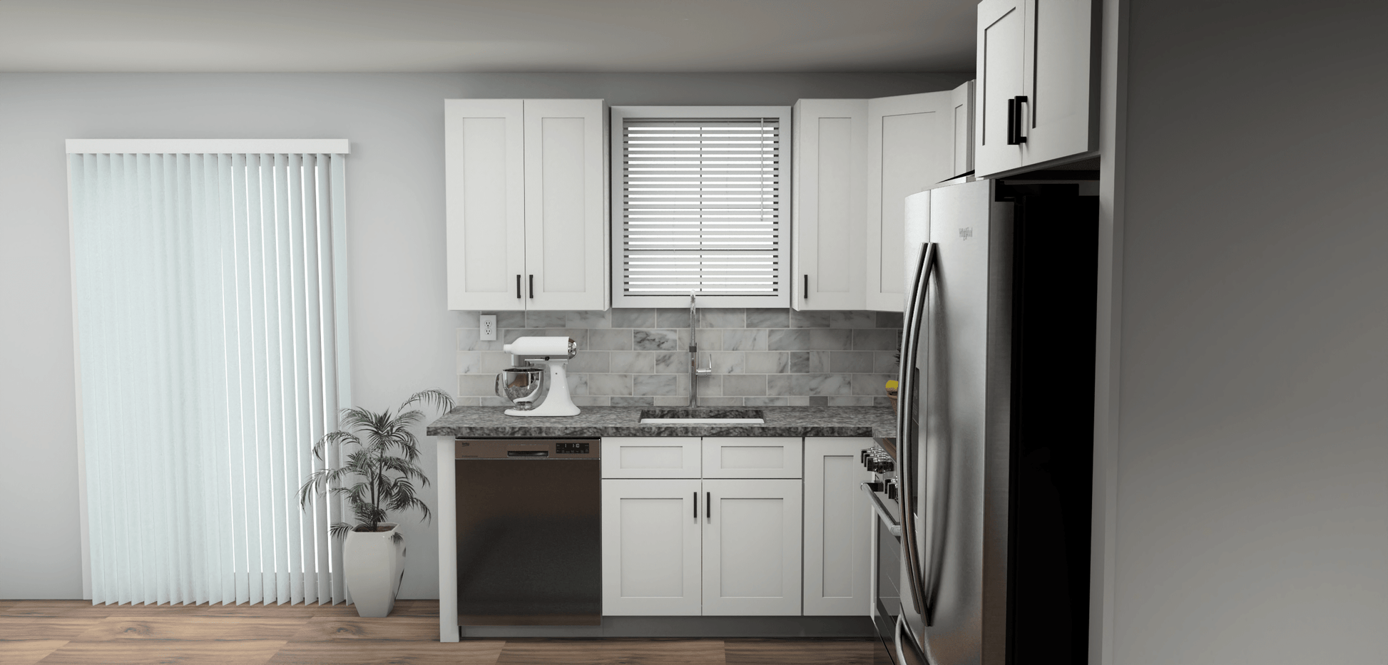 Fabuwood Allure Galaxy Frost 8 x 11 L Shaped Kitchen Side Layout Photo